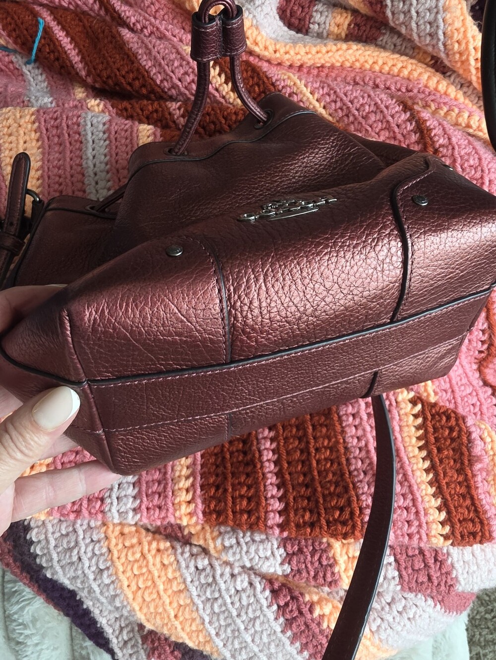 Coach "Baby Mickie" Metallic Garnet Red Drawstring  Bucket Bag - Picture 7 of 10